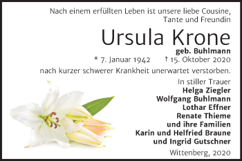 Traueranzeige von Ursula Krone von Super Sonntag Wittenberg