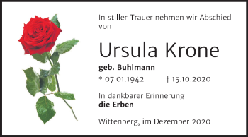Traueranzeige von Ursula Krone von Super Sonntag Wittenberg