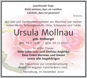 Traueranzeige von Ursula Mollnau von Mitteldeutsche Zeitung Merseburg/Querfurt