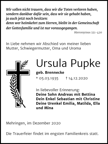 Traueranzeige von Ursula Pupke von Mitteldeutsche Zeitung Aschersleben