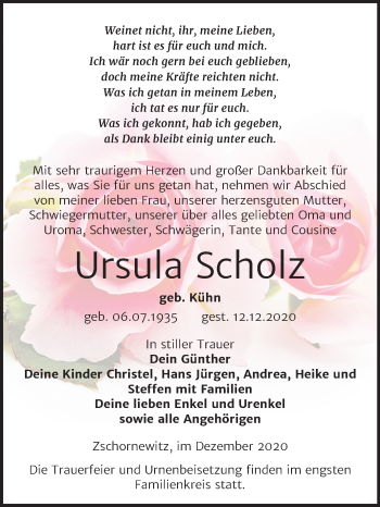 Traueranzeige von Ursula Scholz von Mitteldeutsche Zeitung Wittenberg