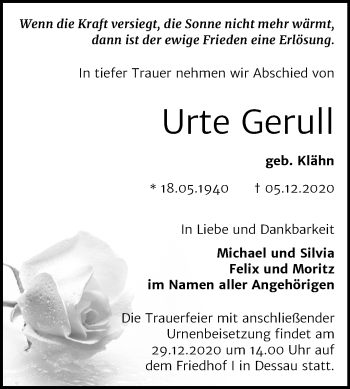 Traueranzeige von Urte Gerull von Mitteldeutsche Zeitung Dessau-Roßlau