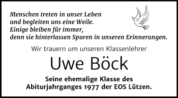 Traueranzeige von Uwe Böck von Wochenspiegel Weißenfels