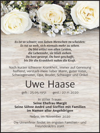 Traueranzeige von Uwe Haase von Wochenspiegel Naumburg/Nebra