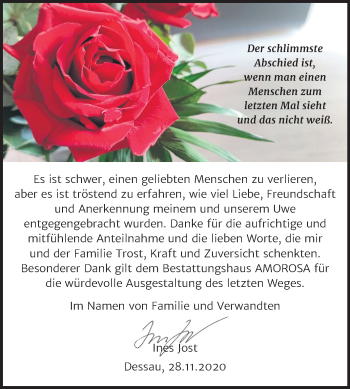 Traueranzeige von Uwe Jost von Super Sonntag Dessau-Roßlau