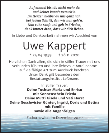 Traueranzeige von Uwe Kappert von Super Sonntag Wittenberg