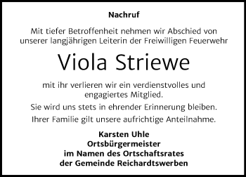 Traueranzeige von Viola Striewe von Wochenspiegel Weißenfels