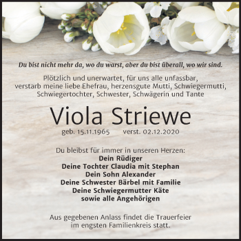 Traueranzeige von Viola Striewe von Wochenspiegel Weißenfels