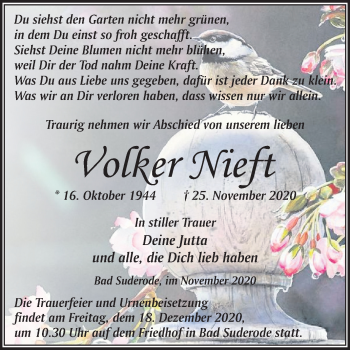 Traueranzeige von Volker Nieft von Mitteldeutsche Zeitung Quedlinburg