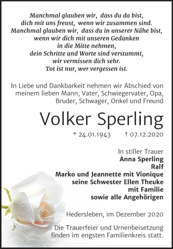 Traueranzeige von Volker Sperling von Mitteldeutsche Zeitung Quedlinburg