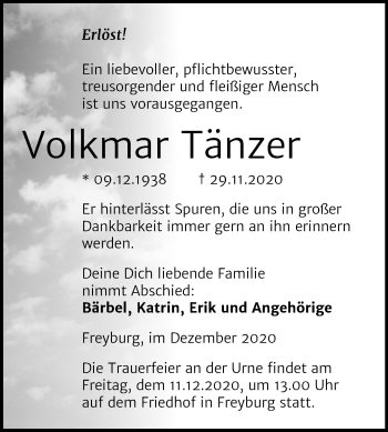 Traueranzeige von Volkmar Tänzer von Mitteldeutsche Zeitung Naumburg/Nebra