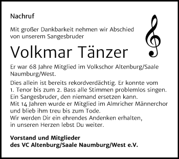 Traueranzeige von Volkmar Tänzer von Wochenspiegel Naumburg/Nebra