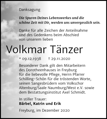 Traueranzeige von Volkmar Tänzer von Wochenspiegel Naumburg/Nebra