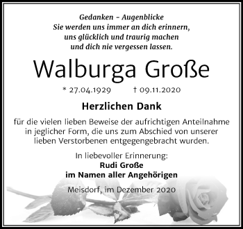 Traueranzeige von Walburga Große von Mitteldeutsche Zeitung Aschersleben / Quedlinburg
