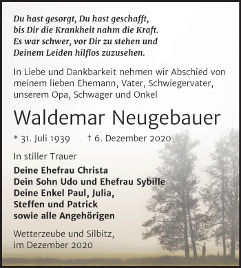 Traueranzeige von Waldemar Neugebauer von Mitteldeutsche Zeitung Zeitz