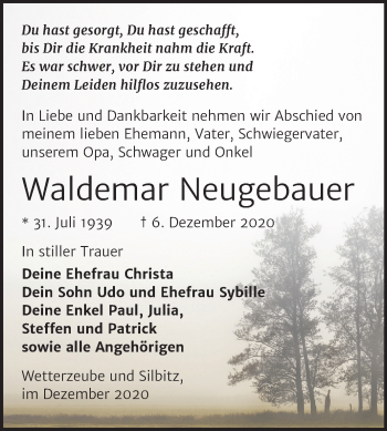 Traueranzeige von Waldemar Neugebauer von Super Sonntag Zeitz