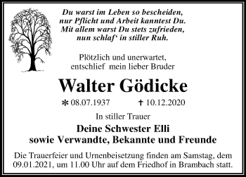 Traueranzeige von Walter Gödicke von Mitteldeutsche Zeitung Dessau-Roßlau