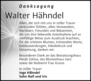 Traueranzeige von Walter Hähndel von Mitteldeutsche Zeitung Wittenberg