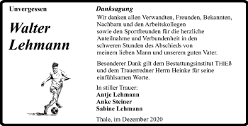 Traueranzeige von Walter Lehmann von Super Sonntag Quedlinburg