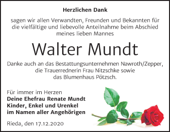 Traueranzeige von Walter Mundt von Mitteldeutsche Zeitung Bitterfeld