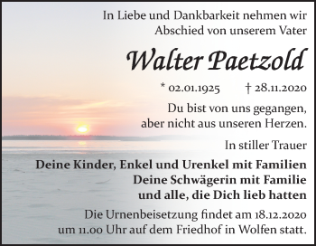 Traueranzeige von Walter Paetzold von Mitteldeutsche Zeitung Bitterfeld