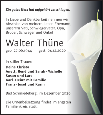 Traueranzeige von Walter Thüne von Super Sonntag Wittenberg