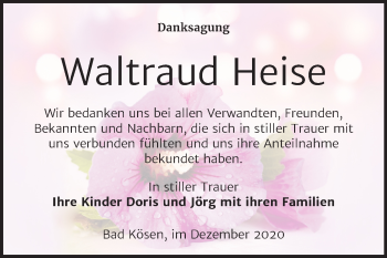 Traueranzeige von Waltraud Heise von Wochenspiegel Naumburg/Nebra