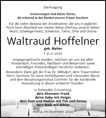 Traueranzeige von Waltraud Hoffelner von Wochenspiegel Mansfelder Land