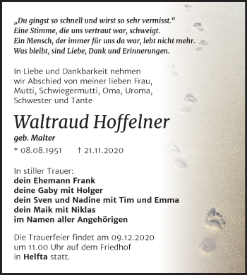 Traueranzeige von Waltraud Hoffelner von Wochenspiegel Mansfelder Land