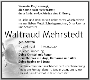 Traueranzeige von Waltraud Mehrstedt von Mitteldeutsche Zeitung Halle/Saalkreis