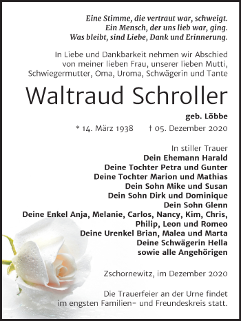 Traueranzeige von Waltraud Schroller von Mitteldeutsche Zeitung Wittenberg