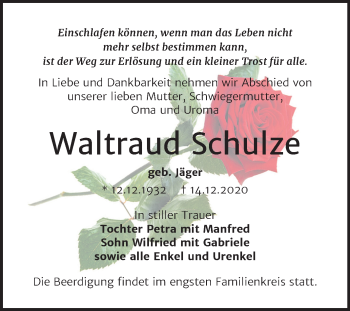 Traueranzeige von Waltraud Schulze von Super Sonntag Wittenberg
