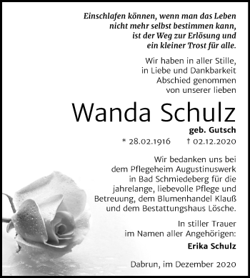 Traueranzeige von Wanda Schulz von Mitteldeutsche Zeitung Wittenberg
