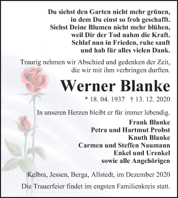Traueranzeige von Werner Blanke von Wochenspiegel Sangerhausen