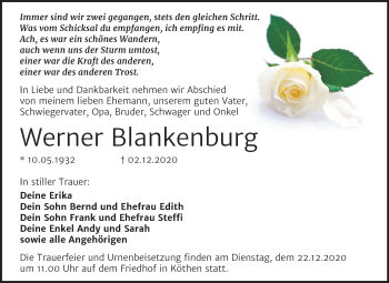 Traueranzeige von Werner Blankenburg von Mitteldeutsche Zeitung Köthen