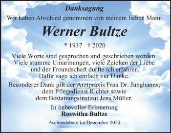 Traueranzeige von Werner Bultze von Super Sonntag Aschersleben