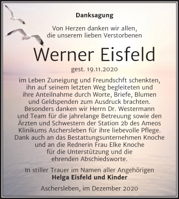 Traueranzeige von Werner Eisfeld von Super Sonntag Aschersleben