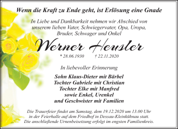 Traueranzeige von Werner Heusler von Mitteldeutsche Zeitung Dessau-Roßlau