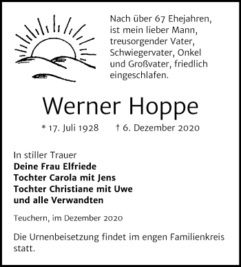 Traueranzeige von Werner Hoppe von Wochenspiegel Weißenfels