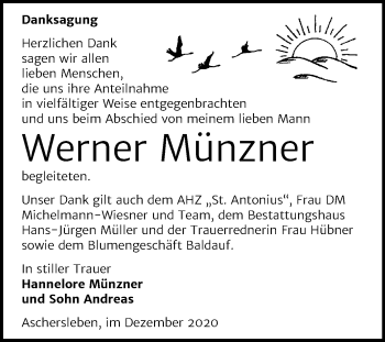Traueranzeige von Werner Münzner von Super Sonntag Aschersleben