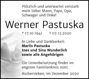 Traueranzeige von Werner Pastuska von Mitteldeutsche Zeitung Aschersleben
