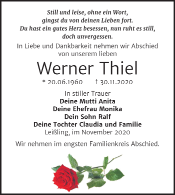 Traueranzeige von Werner Thiel von Wochenspiegel Weißenfels