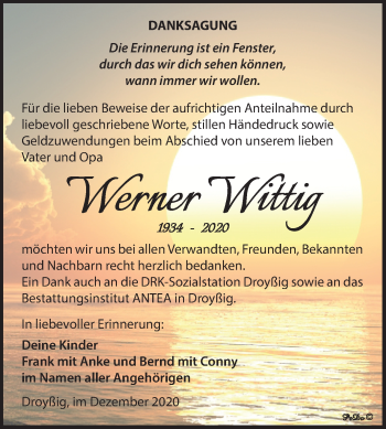 Traueranzeige von Werner Wittig von Super Sonntag Zeitz