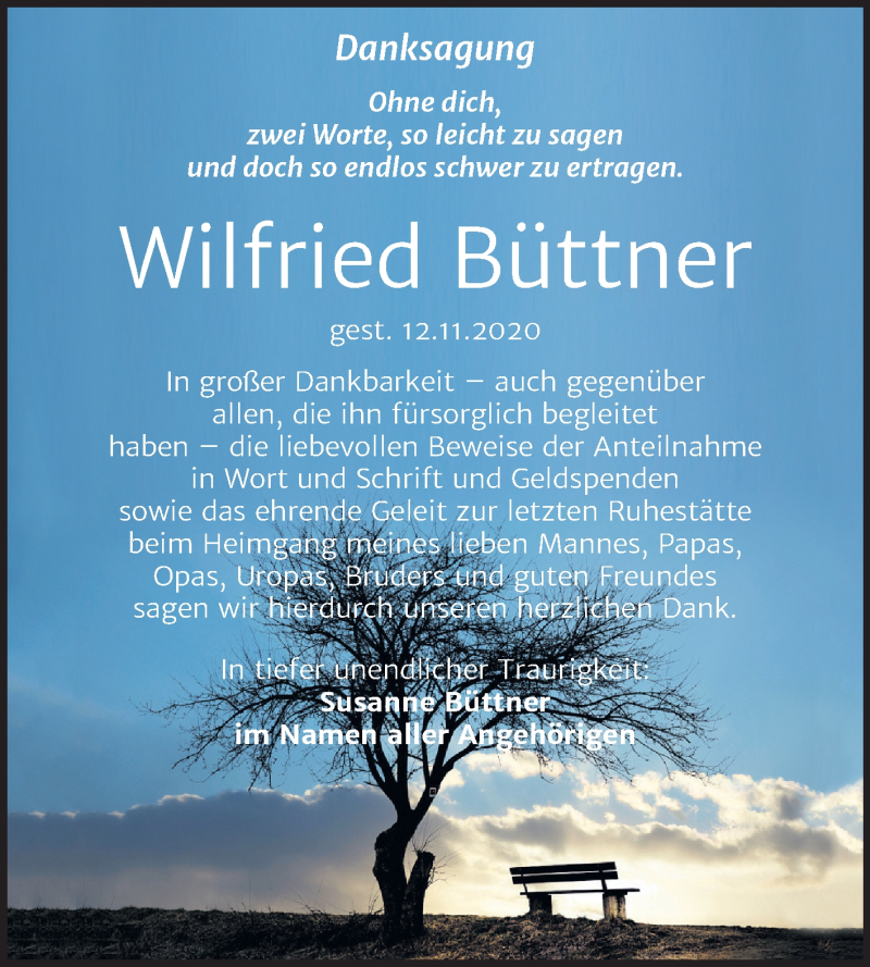  Traueranzeige für Wilfried Büttner vom 16.12.2020 aus Wochenspiegel Weißenfels