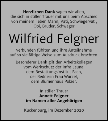 Traueranzeige von Wilfried Felgner von Mitteldeutsche Zeitung Merseburg/Querfurt