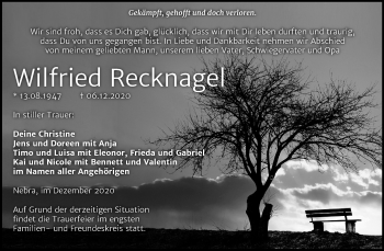 Traueranzeige von Wilfried Recknagel von Wochenspiegel Naumburg/Nebra