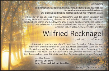 Traueranzeige von Wilfried Recknagel von Wochenspiegel Naumburg/Nebra