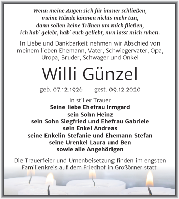 Traueranzeige von Willi Günzel von Wochenspiegel Mansfelder Land