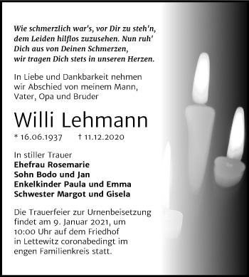 Traueranzeige von Willi Lehmann von Mitteldeutsche Zeitung Halle/Saalkreis