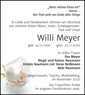 Traueranzeige von Willi Meyer von Mitteldeutsche Zeitung Sangerhausen
